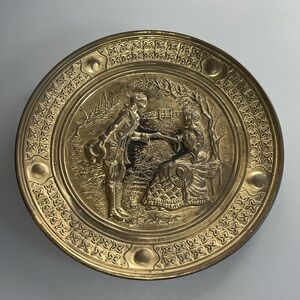 Brass Wall Plaque Decorative Embossed Design Vintage England 13.5” Metal Decor